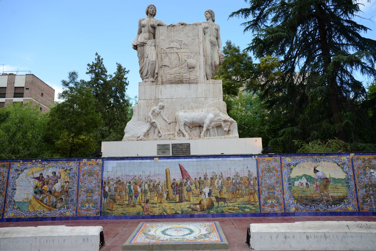 11-04 Plaza Espana Monument Has A Brightly Coloured Pedestal And Two Statues In Mendoza